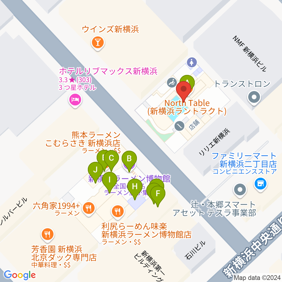 新横浜チャーリーズバー周辺のファミレス・ファーストフード一覧地図