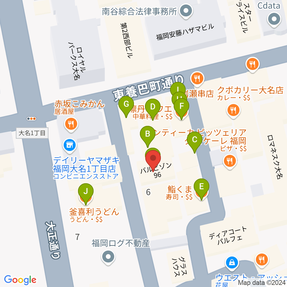 福岡リブラボ周辺のファミレス・ファーストフード一覧地図