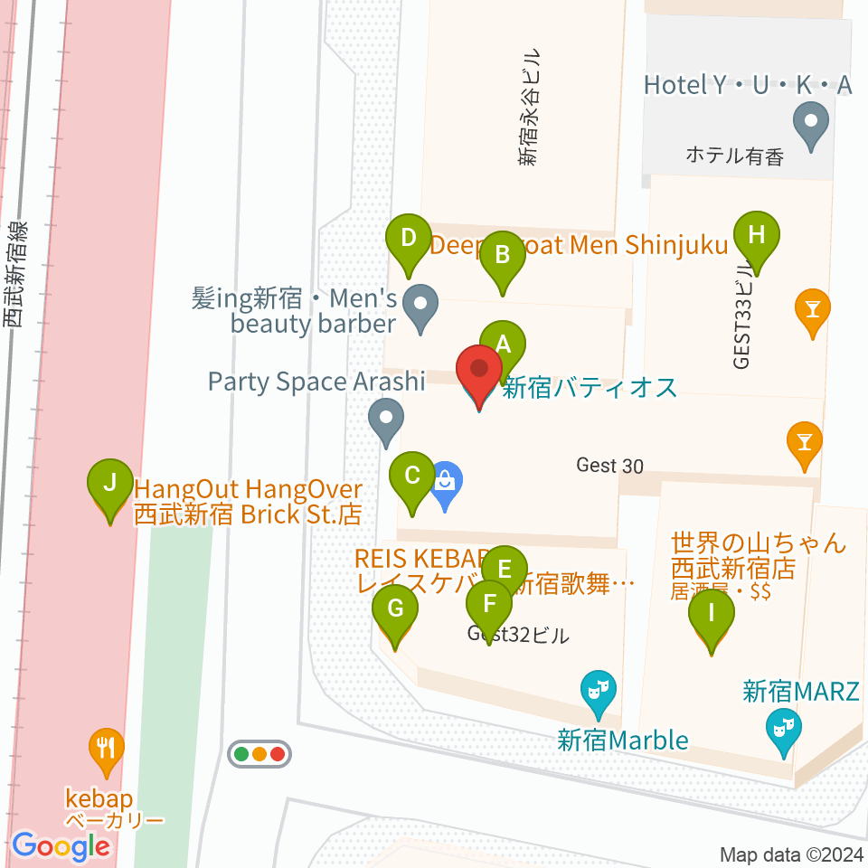 新宿バティオス周辺のファミレス・ファーストフード一覧地図