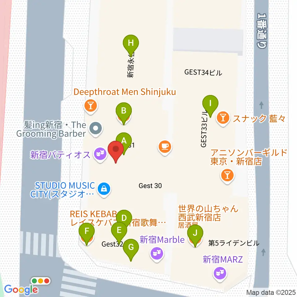 新宿バティオス周辺のファミレス・ファーストフード一覧地図