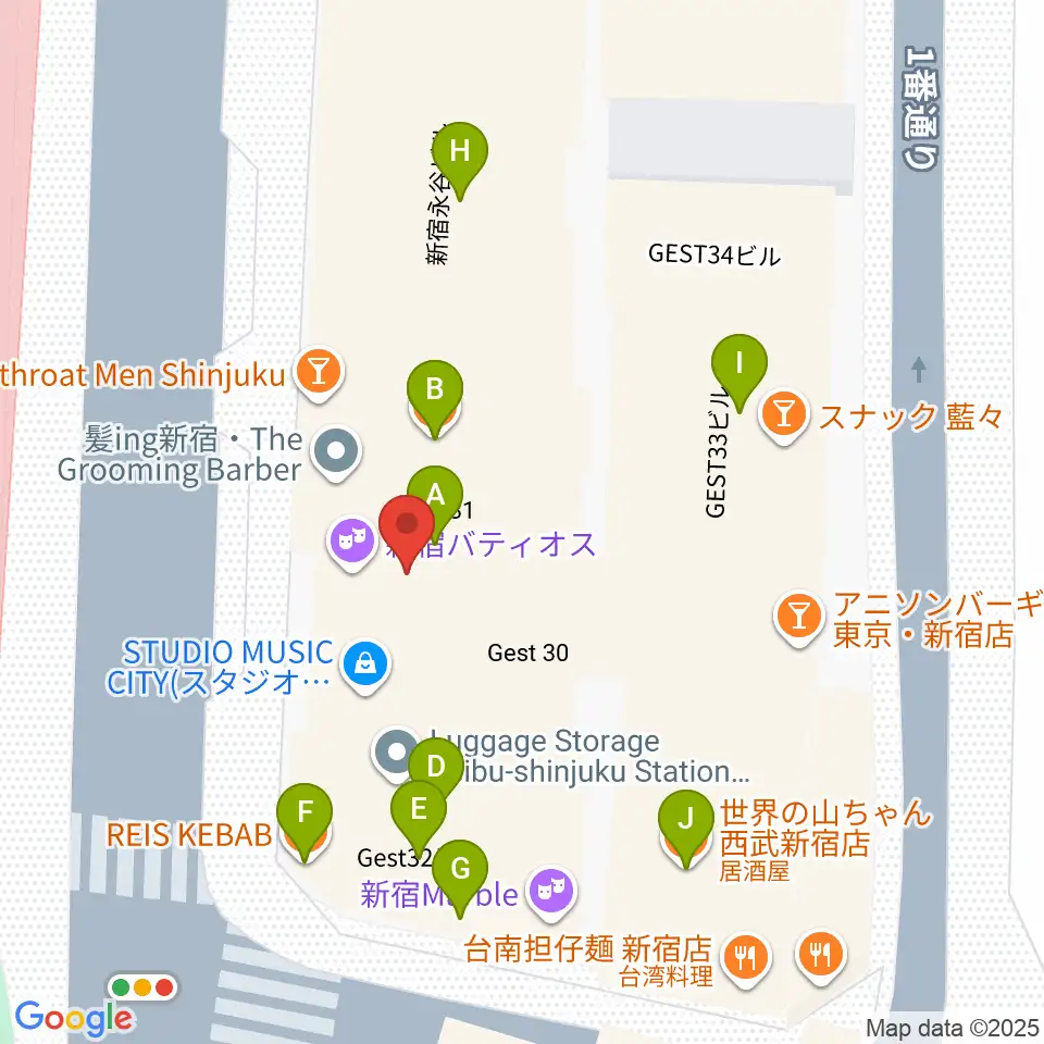 新宿バティオス周辺のファミレス・ファーストフード一覧地図