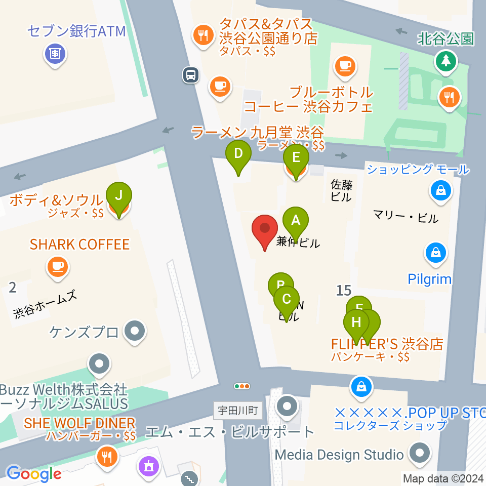 nagomix渋谷周辺のファミレス・ファーストフード一覧地図