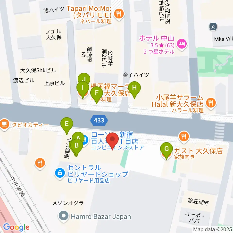 大久保HOTSHOT周辺のファミレス・ファーストフード一覧地図