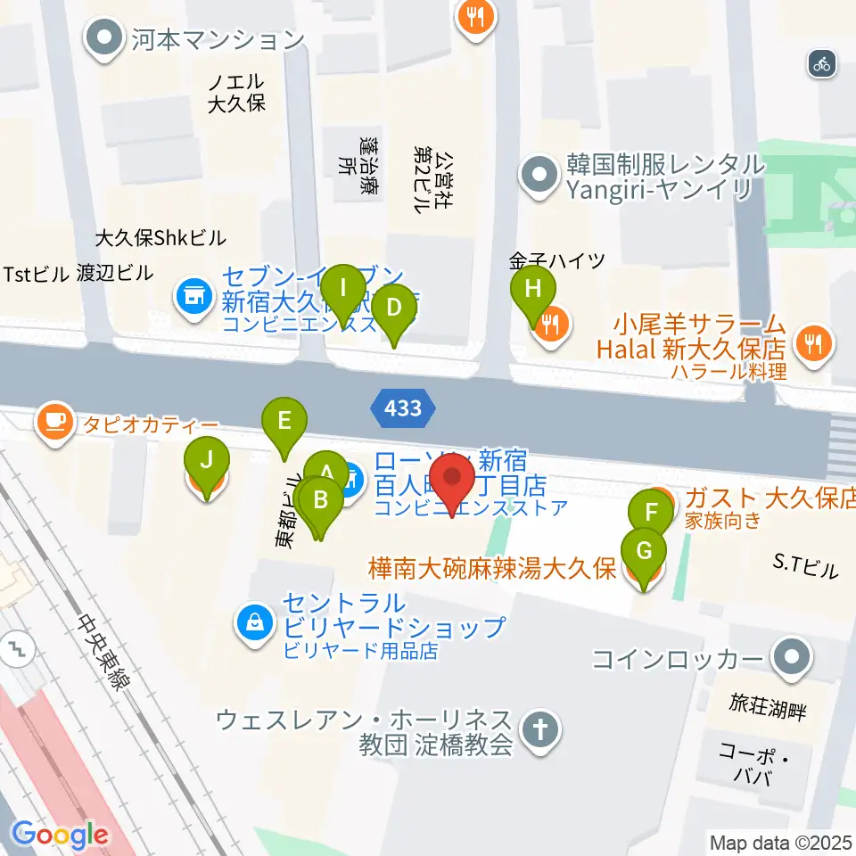 大久保HOTSHOT周辺のファミレス・ファーストフード一覧地図