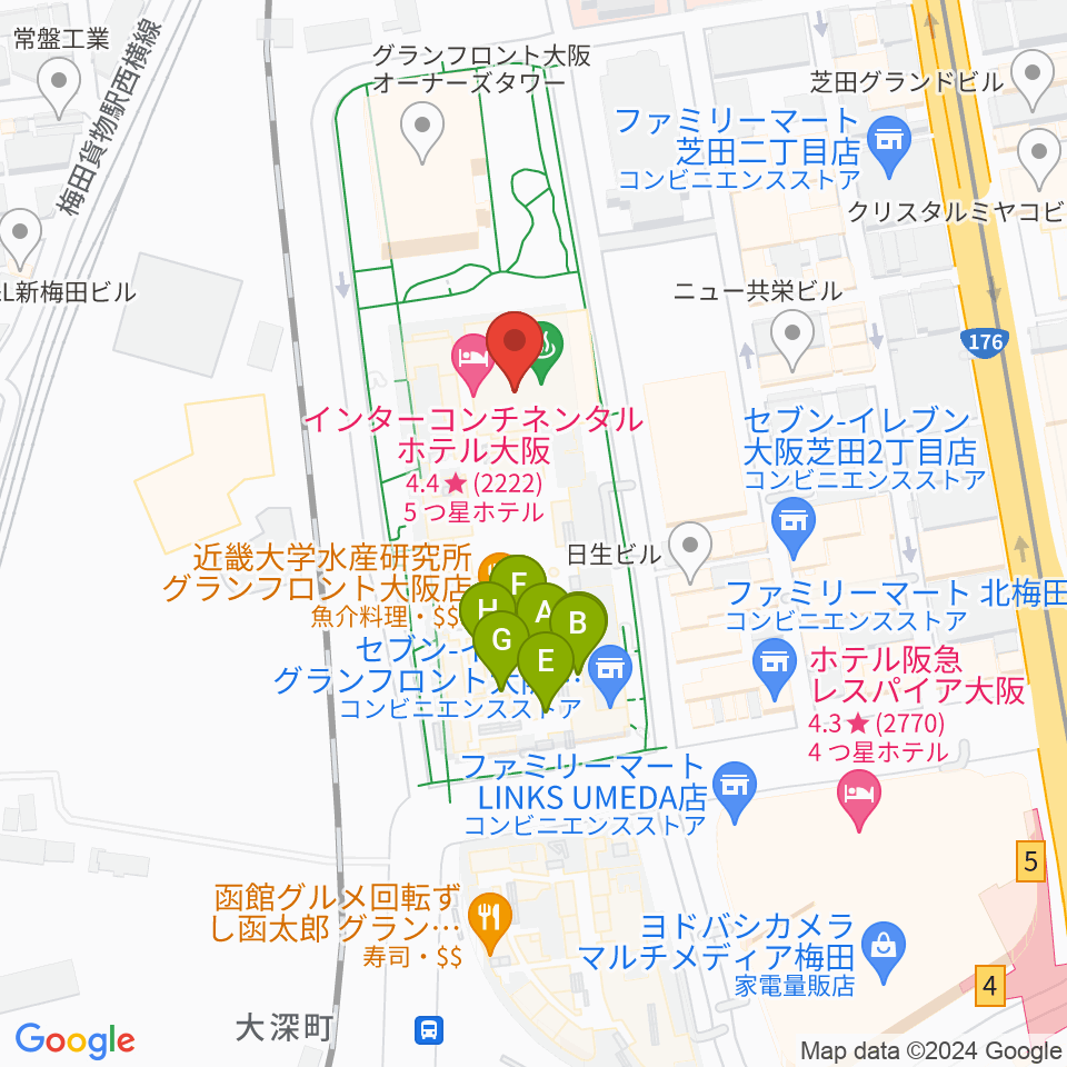 グランフロント大阪 ナレッジシアター周辺のファミレス・ファーストフード一覧地図