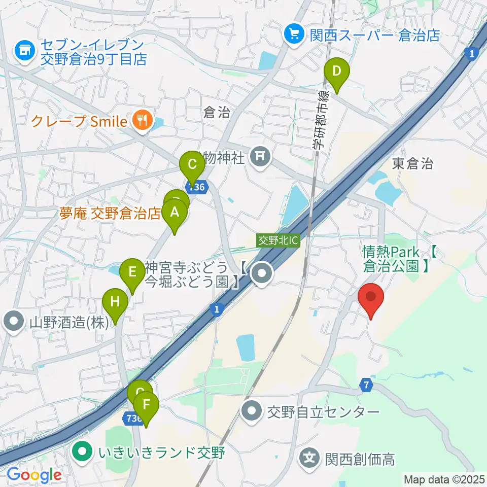 金澤ギタースクール交野教室周辺のファミレス・ファーストフード一覧地図