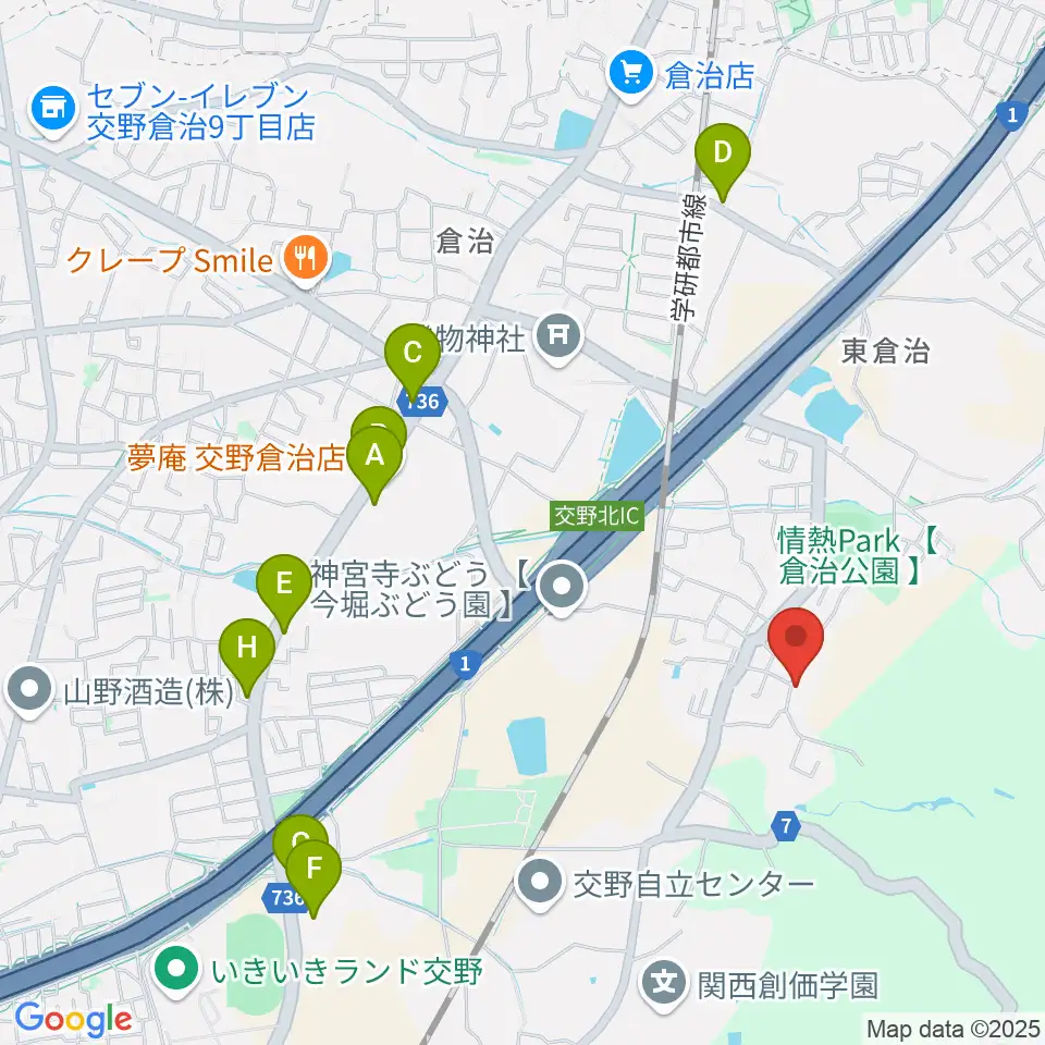 金澤ギタースクール交野教室周辺のファミレス・ファーストフード一覧地図
