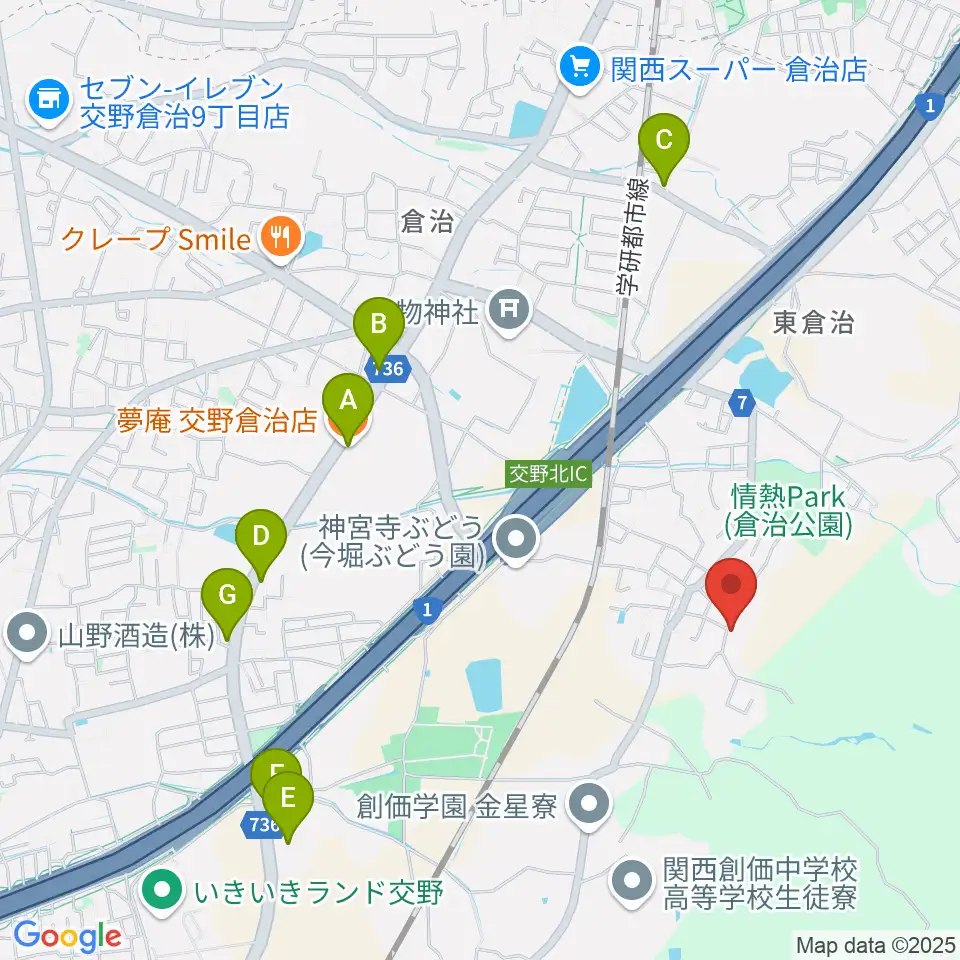 金澤ギタースクール交野教室周辺のファミレス・ファーストフード一覧地図