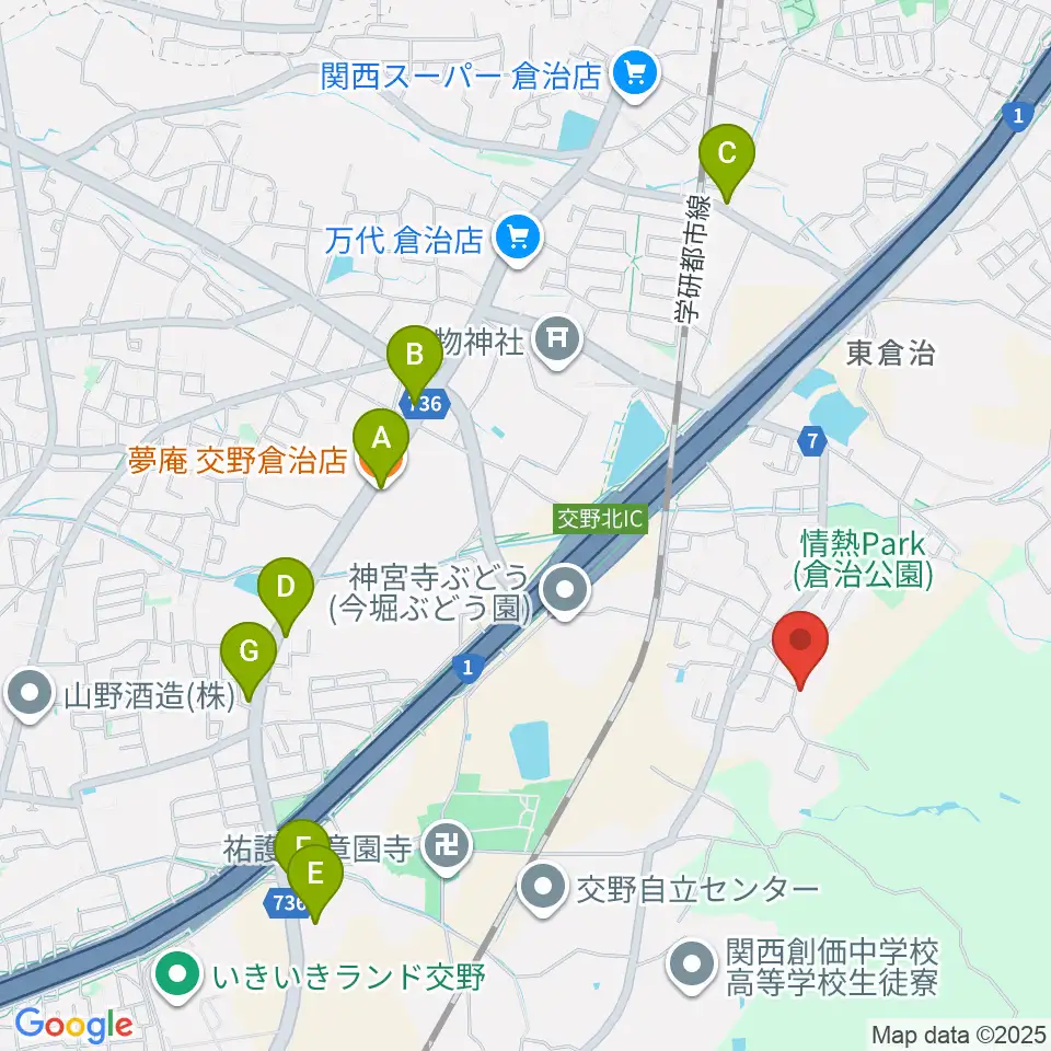 金澤ギタースクール交野教室周辺のファミレス・ファーストフード一覧地図