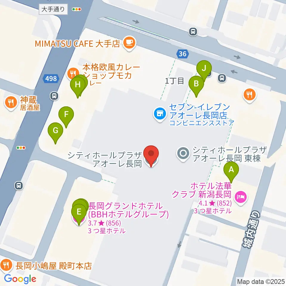 アオーレ長岡周辺のファミレス・ファーストフード一覧地図