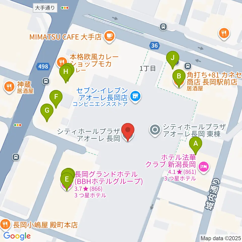 アオーレ長岡周辺のファミレス・ファーストフード一覧地図