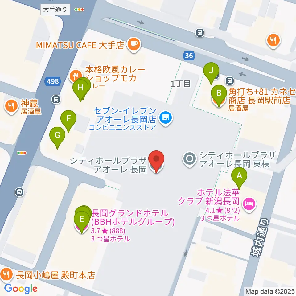 アオーレ長岡周辺のファミレス・ファーストフード一覧地図