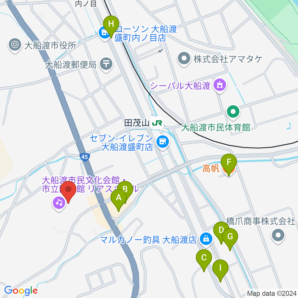 リアスホール周辺のファミレス・ファーストフード一覧地図