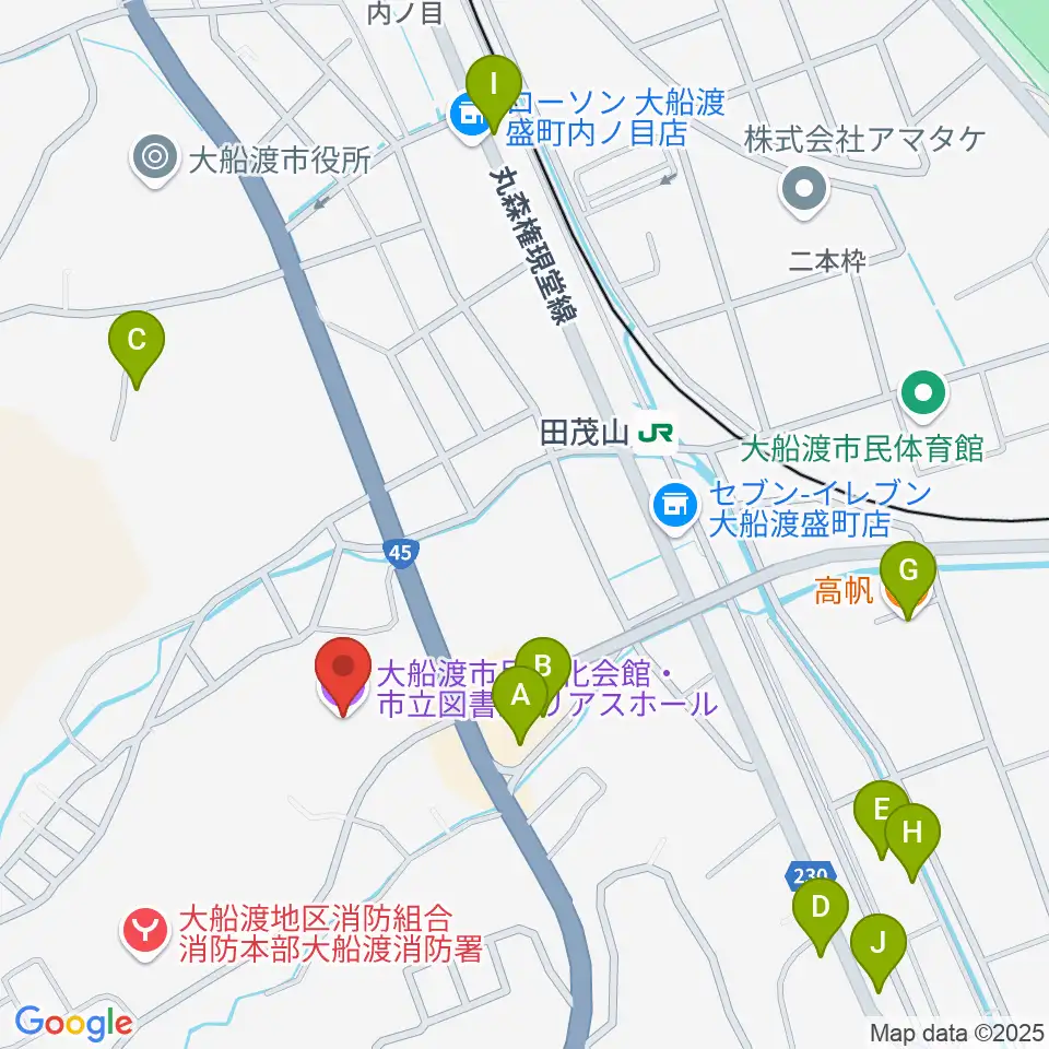 リアスホール周辺のファミレス・ファーストフード一覧地図