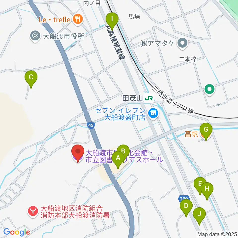 リアスホール周辺のファミレス・ファーストフード一覧地図