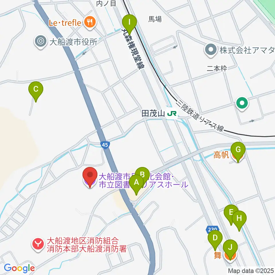 リアスホール周辺のファミレス・ファーストフード一覧地図