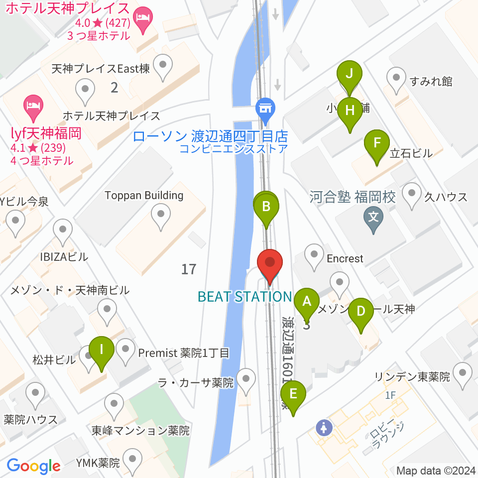 福岡薬院ビートステーション周辺のファミレス・ファーストフード一覧地図
