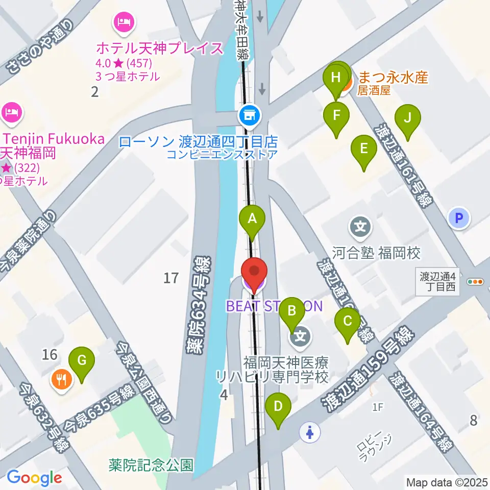 福岡薬院ビートステーション周辺のファミレス・ファーストフード一覧地図
