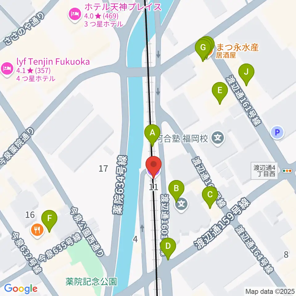 福岡薬院ビートステーション周辺のファミレス・ファーストフード一覧地図
