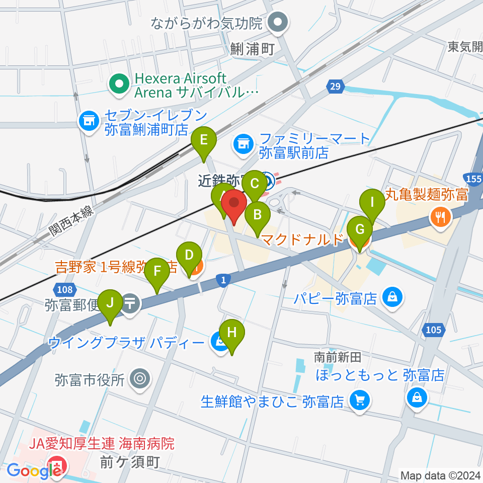 ポワンポワンスタジオ弥富校周辺のファミレス・ファーストフード一覧地図