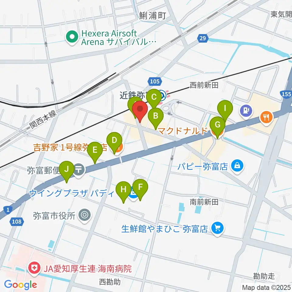 ポワンポワンスタジオ弥富校周辺のファミレス・ファーストフード一覧地図