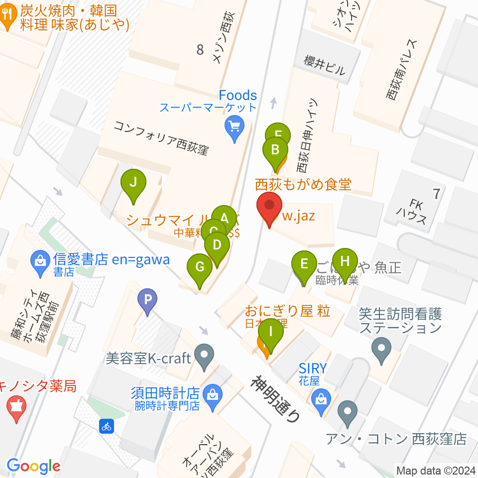 w.jaz周辺のファミレス・ファーストフード一覧地図