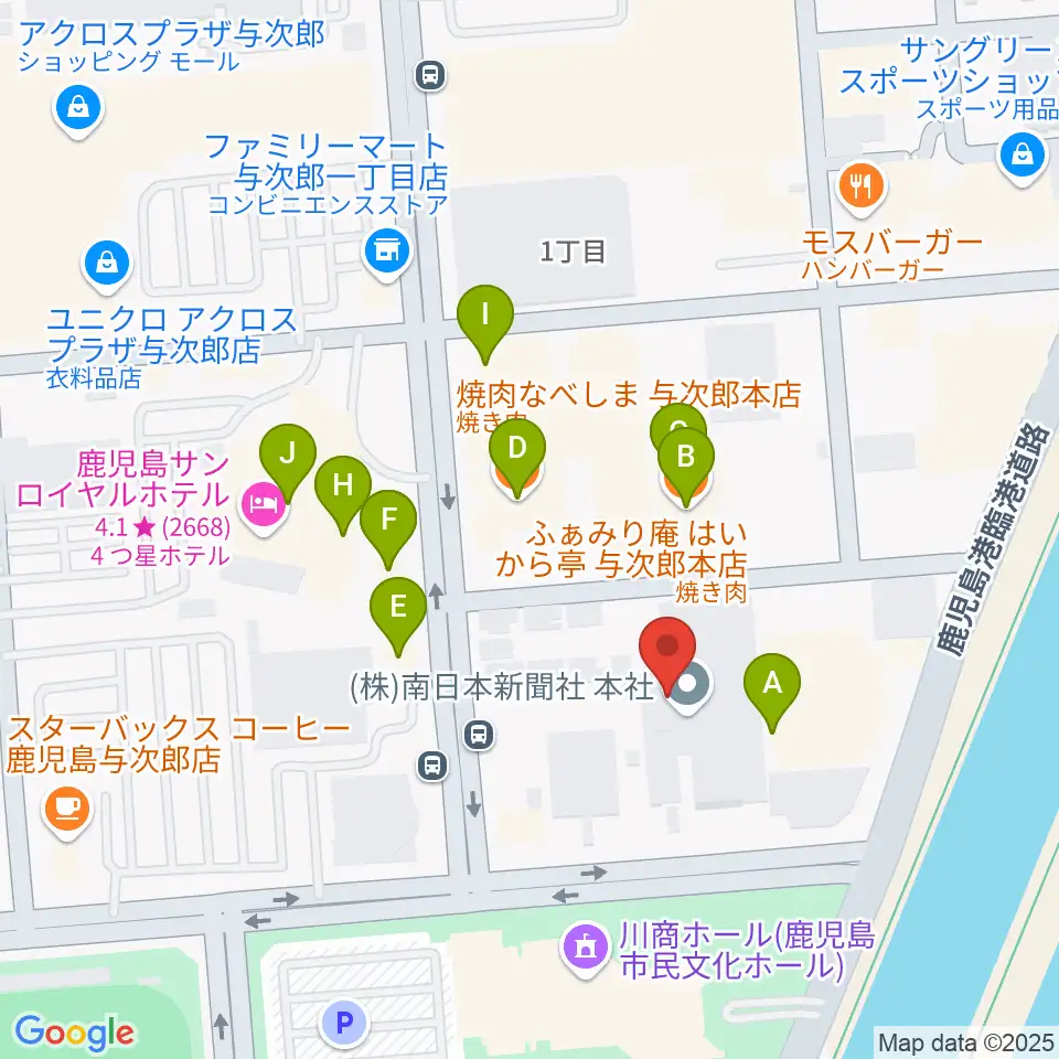 南日本新聞会館みなみホール周辺のファミレス・ファーストフード一覧地図