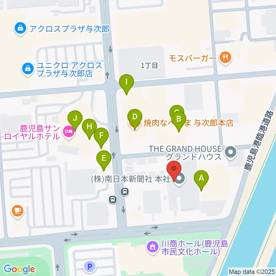 南日本新聞会館みなみホール周辺のファミレス・ファーストフード一覧地図