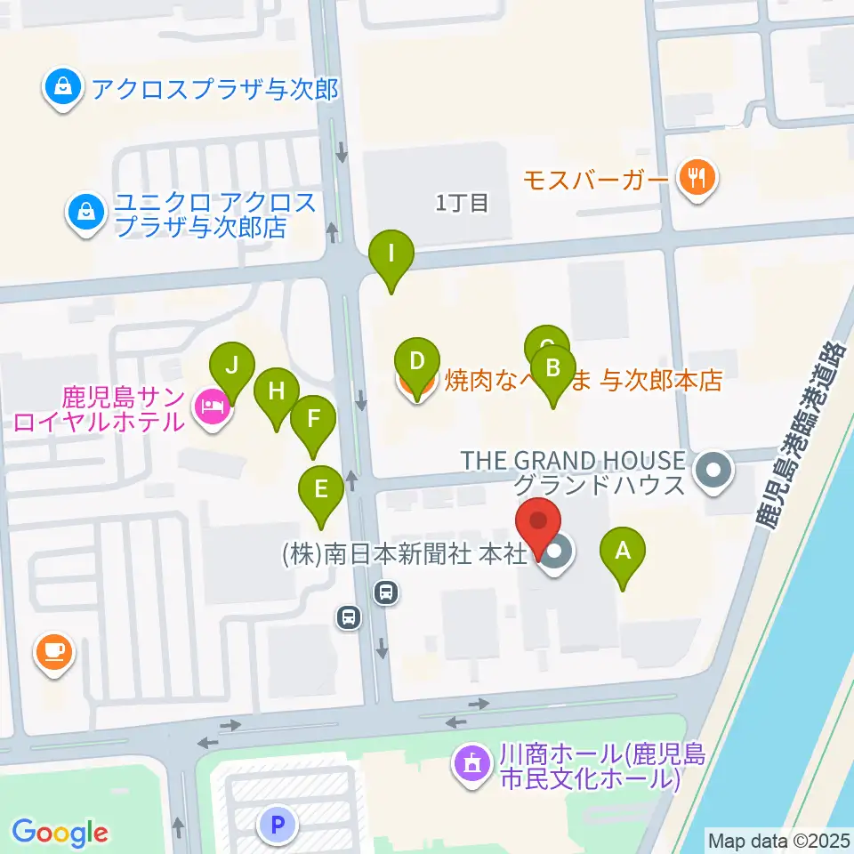 南日本新聞会館みなみホール周辺のファミレス・ファーストフード一覧地図