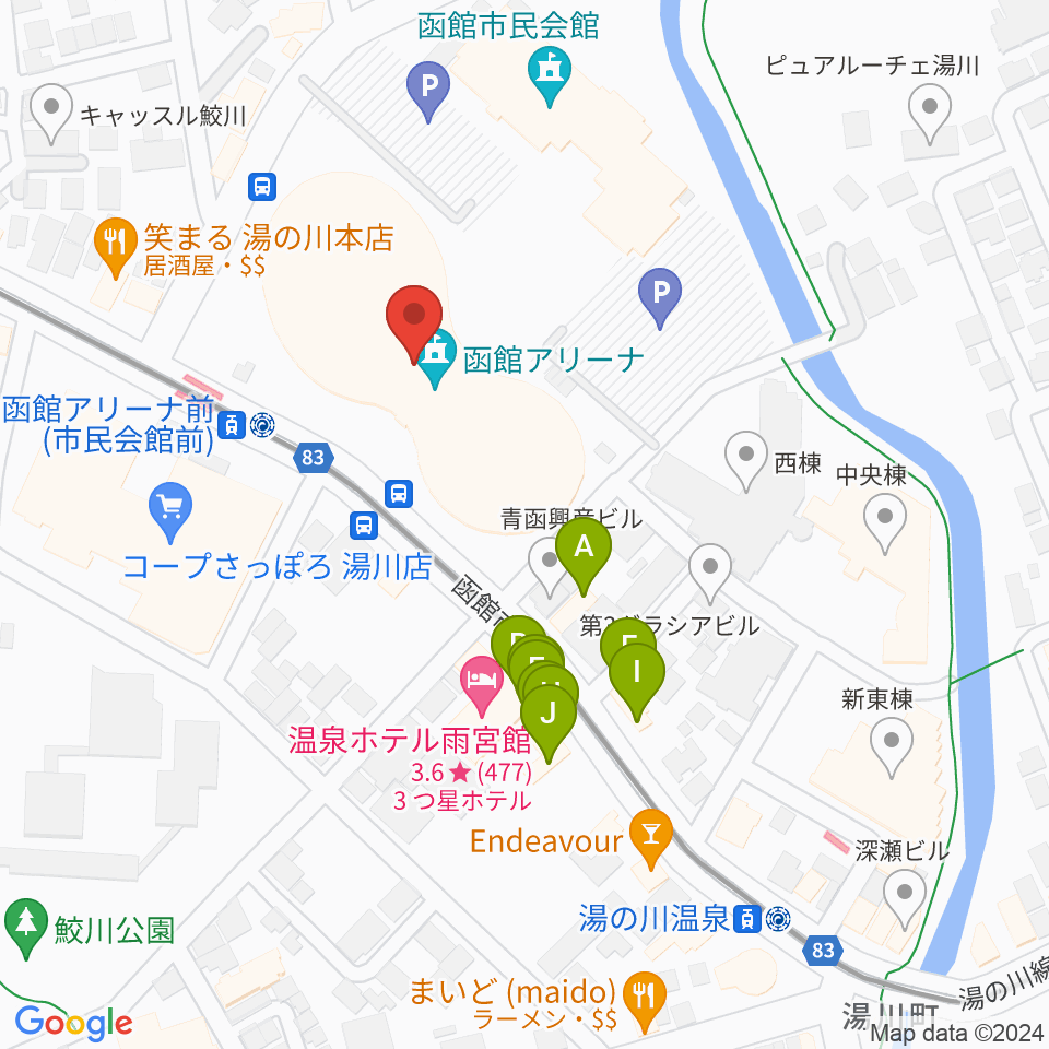 函館アリーナ周辺のファミレス・ファーストフード一覧地図