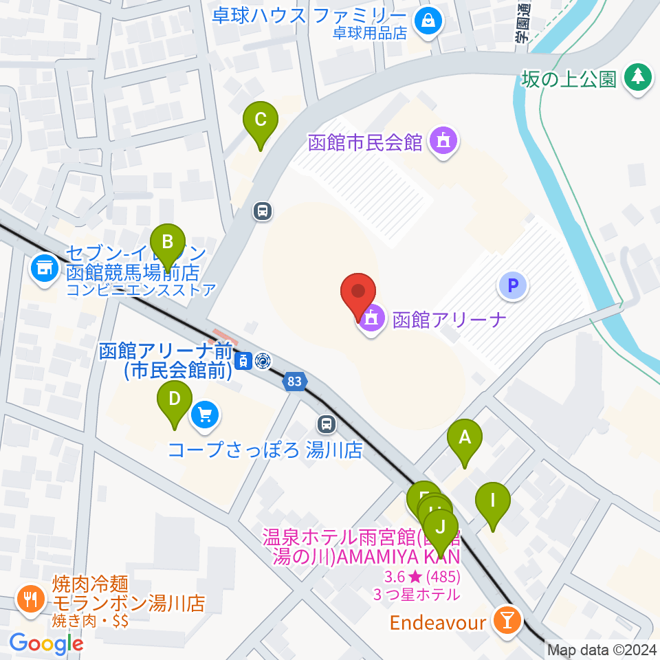 函館アリーナ周辺のファミレス・ファーストフード一覧地図