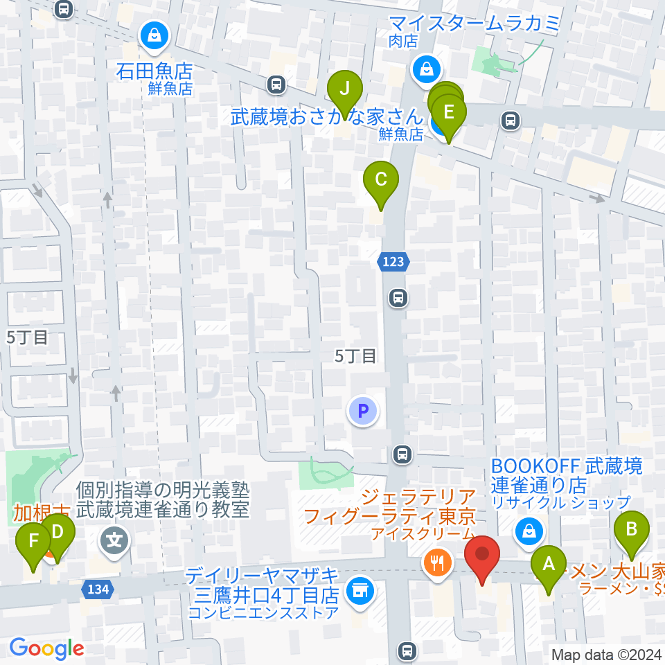 武蔵境フォンタナ周辺のファミレス・ファーストフード一覧地図