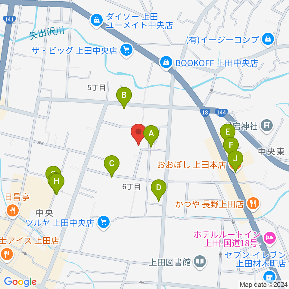 中澤ホール周辺のファミレス・ファーストフード一覧地図