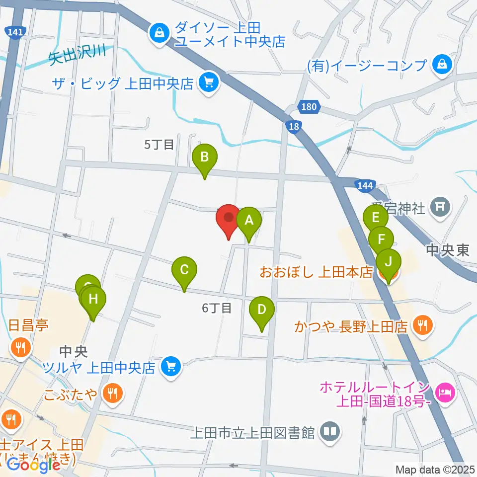 中澤ホール周辺のファミレス・ファーストフード一覧地図