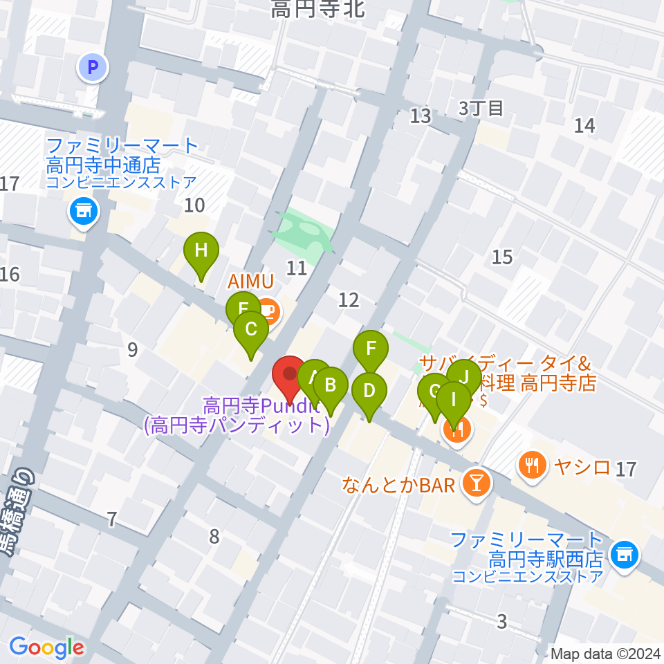 高円寺パンディット周辺のファミレス・ファーストフード一覧地図