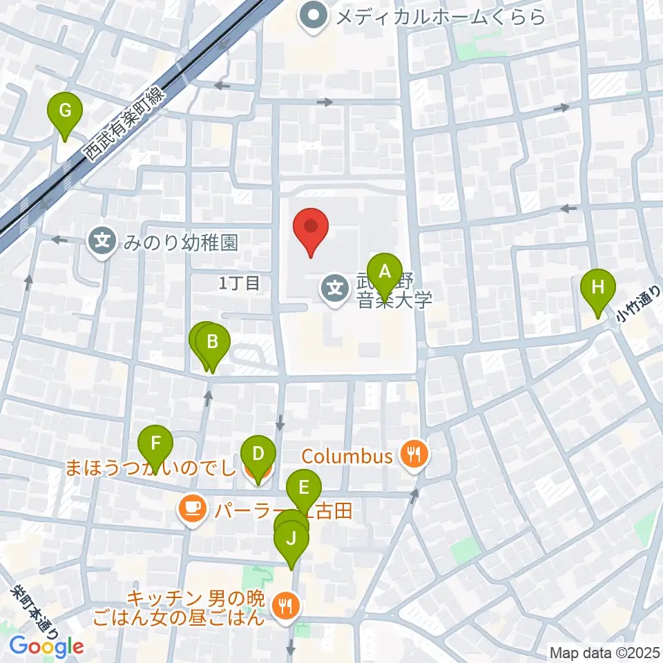 武蔵野音楽大学ベートーヴェンホール周辺のファミレス・ファーストフード一覧地図