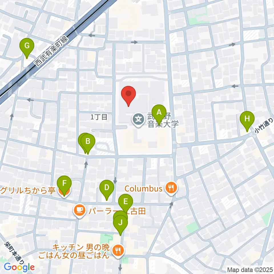 武蔵野音楽大学ベートーヴェンホール周辺のファミレス・ファーストフード一覧地図