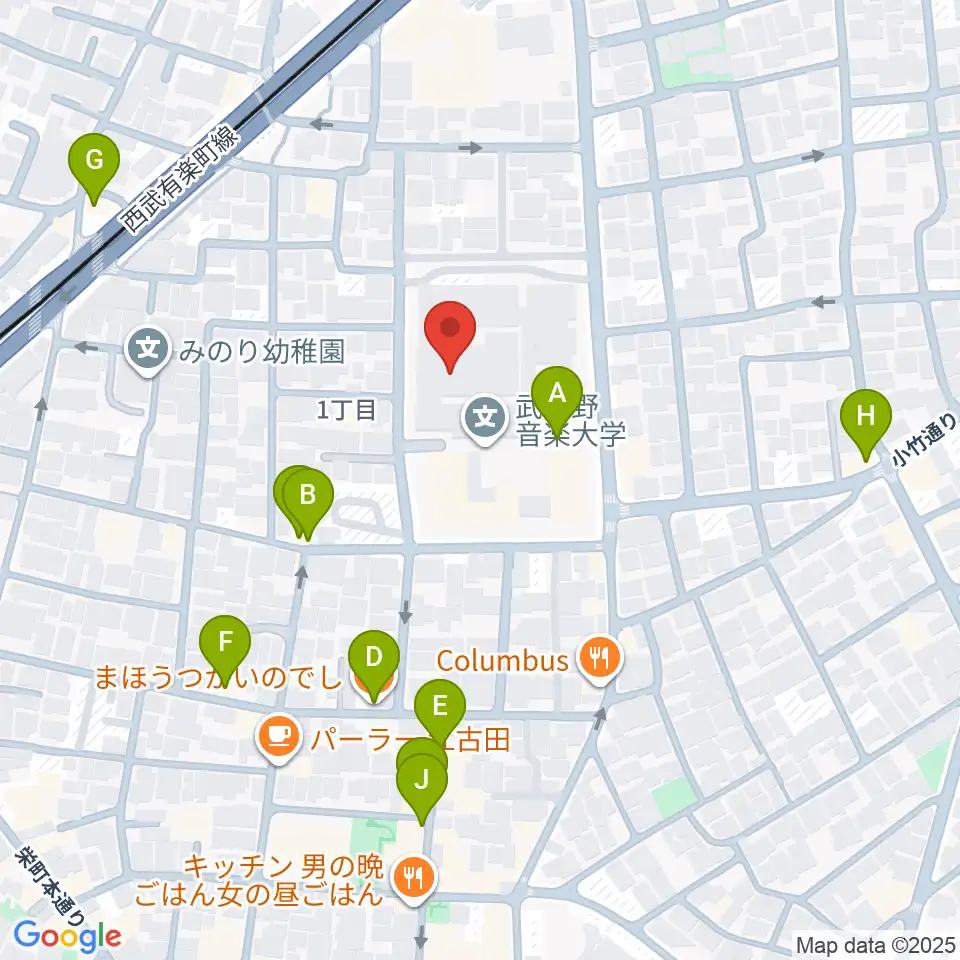 武蔵野音楽大学ベートーヴェンホール周辺のファミレス・ファーストフード一覧地図