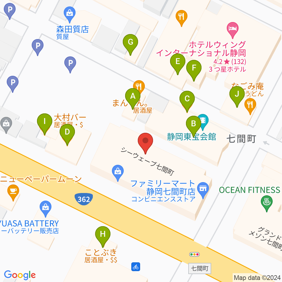 MIRAIEリアン コミュニティホール七間町周辺のファミレス・ファーストフード一覧地図