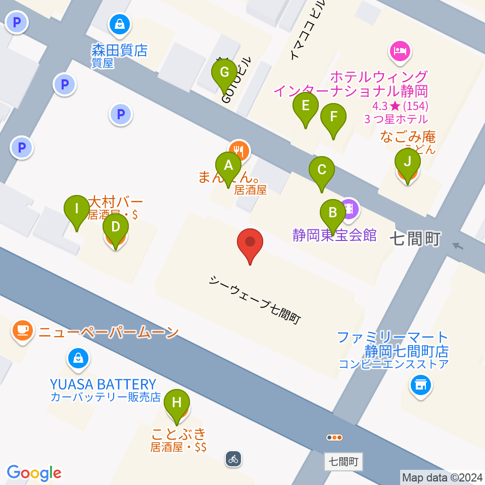 MIRAIEリアン コミュニティホール七間町周辺のファミレス・ファーストフード一覧地図