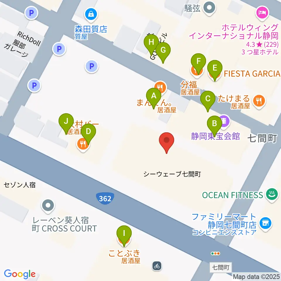 MIRAIEリアン コミュニティホール七間町周辺のファミレス・ファーストフード一覧地図