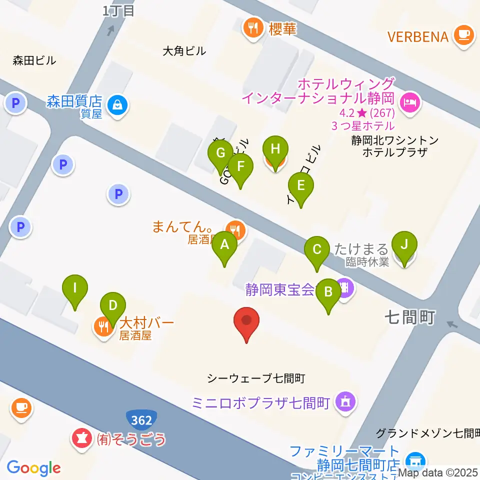 MIRAIEリアン コミュニティホール七間町周辺のファミレス・ファーストフード一覧地図