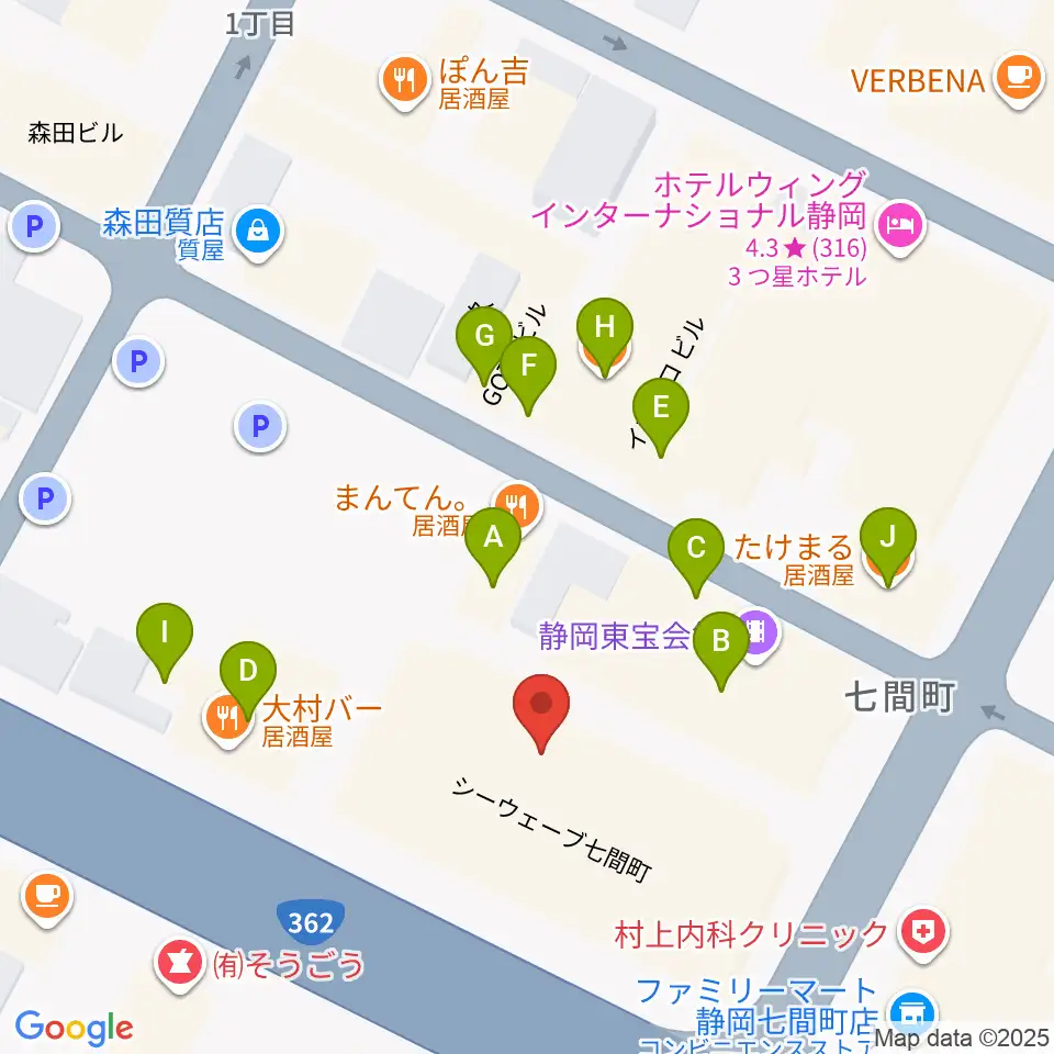 MIRAIEリアン コミュニティホール七間町周辺のファミレス・ファーストフード一覧地図
