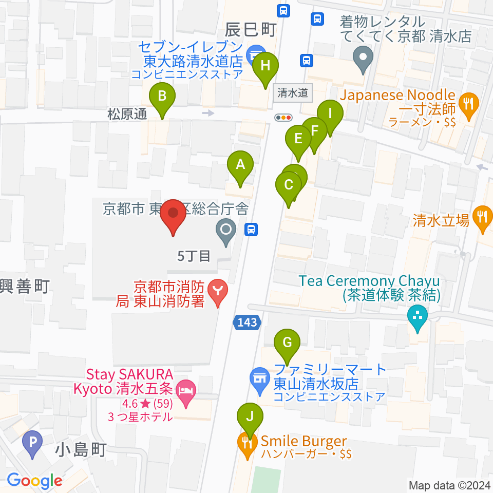 東山青少年活動センター周辺のファミレス・ファーストフード一覧地図