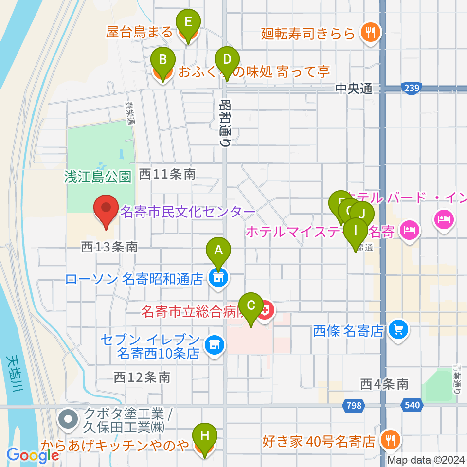 名寄市民文化センター周辺のファミレス・ファーストフード一覧地図