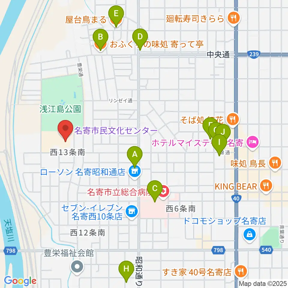名寄市民文化センター周辺のファミレス・ファーストフード一覧地図