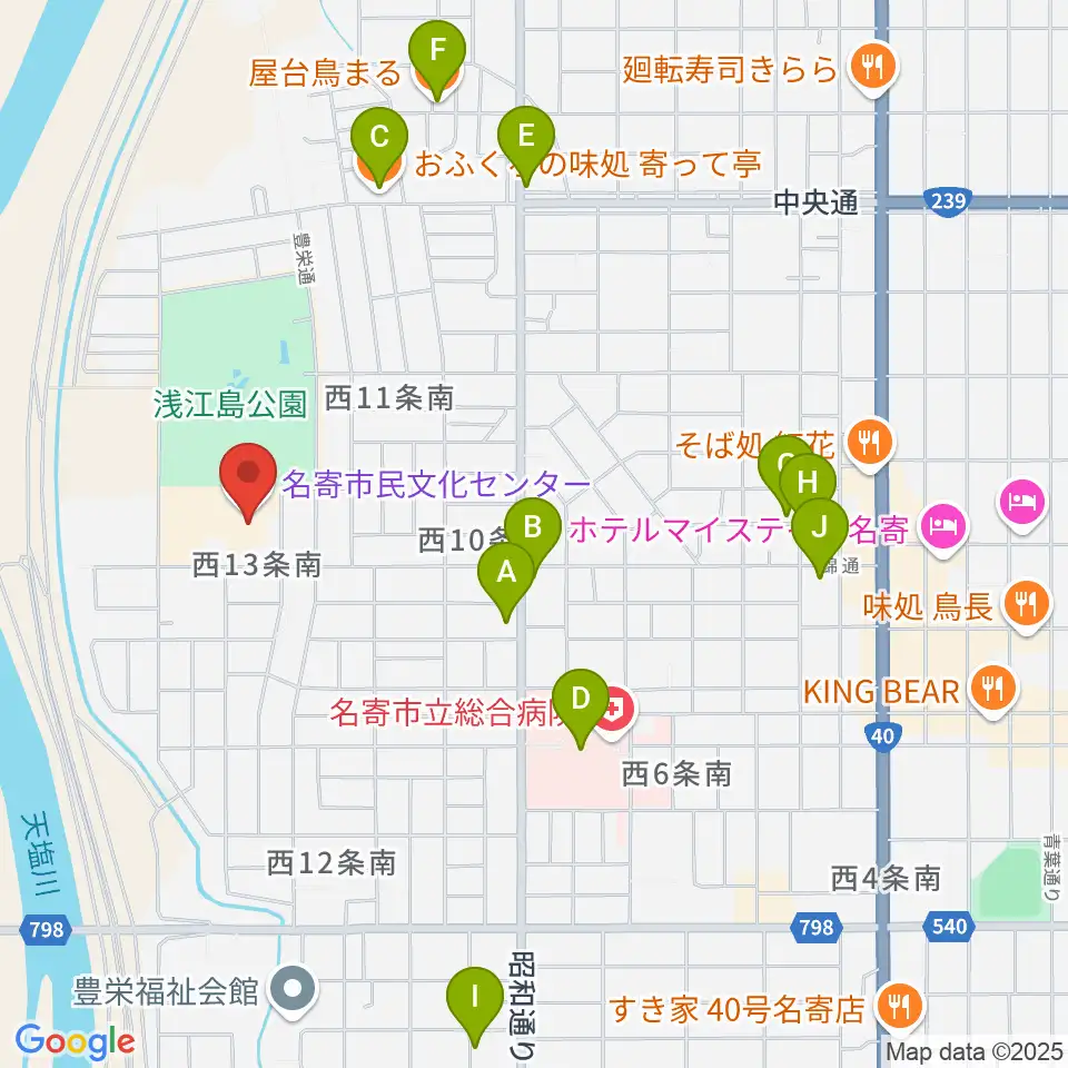 名寄市民文化センター東館周辺のファミレス・ファーストフード一覧地図