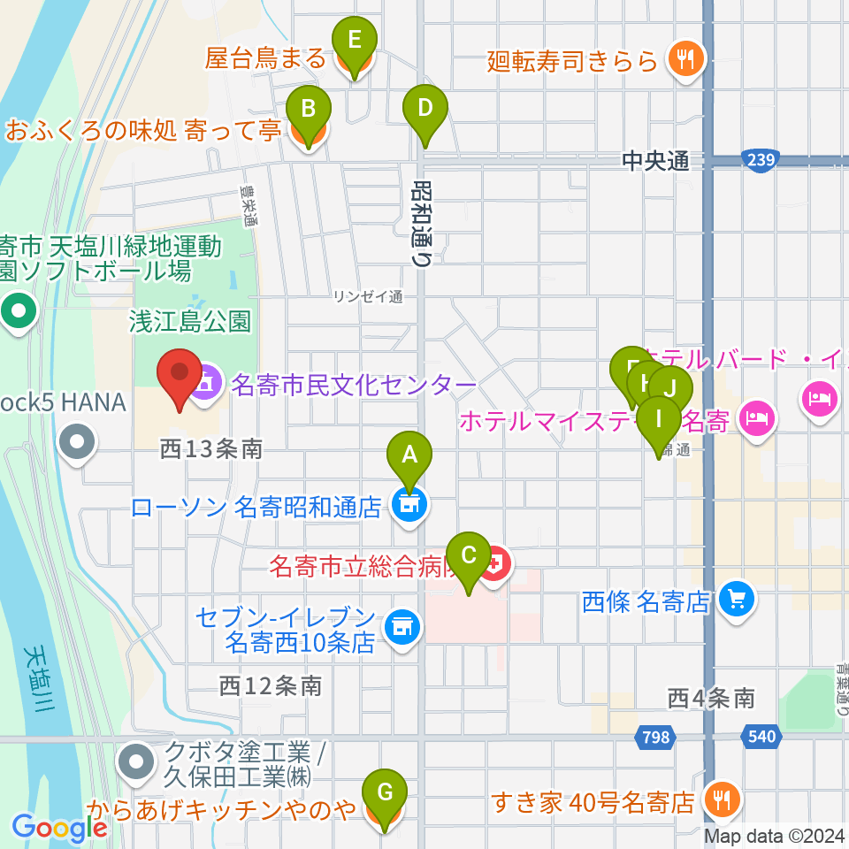 名寄市民文化センター エンレイホール周辺のファミレス・ファーストフード一覧地図