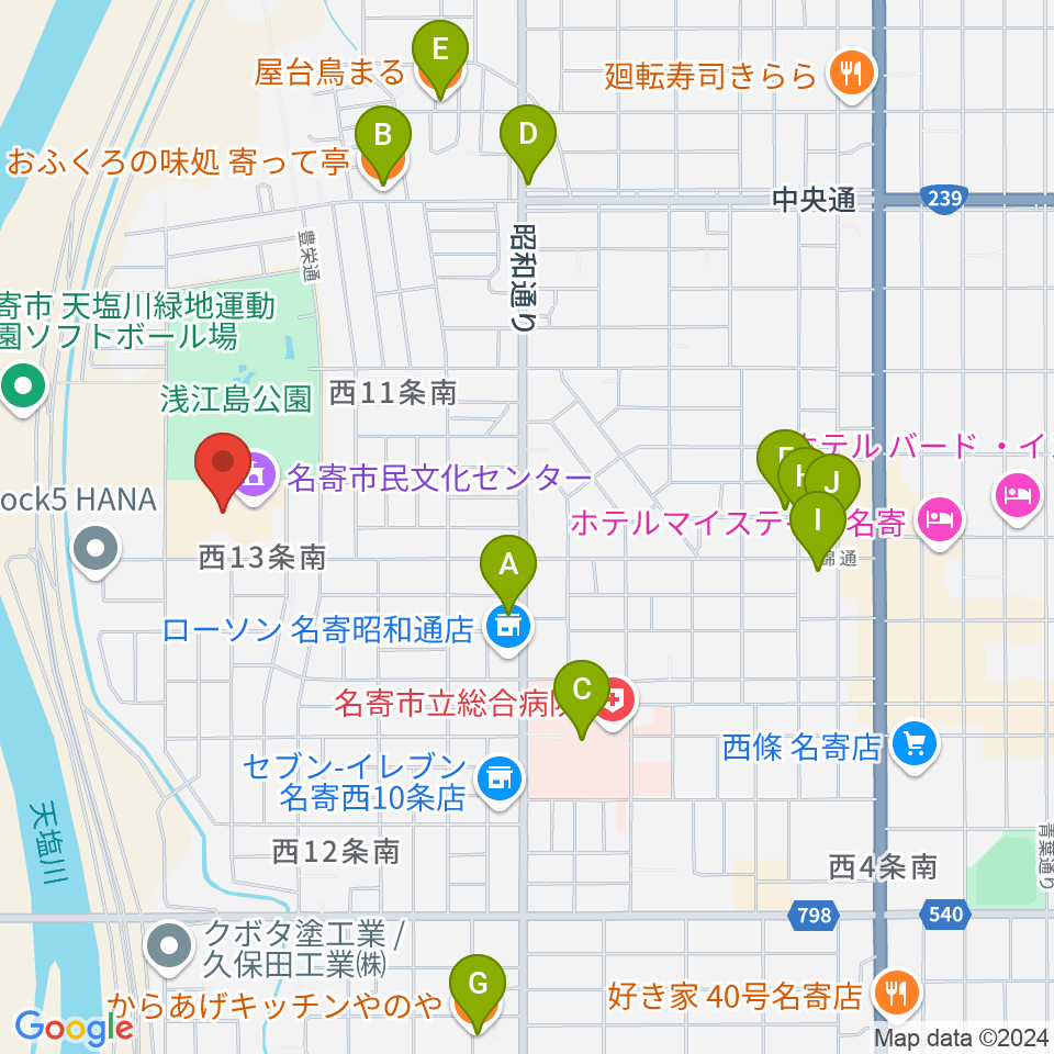 名寄市民文化センター エンレイホール周辺のファミレス・ファーストフード一覧地図