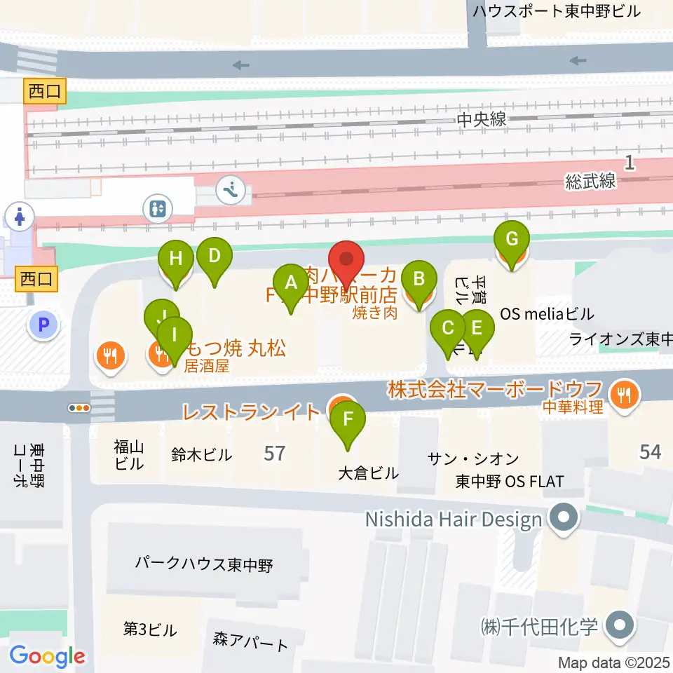 東中野music shed YES!周辺のファミレス・ファーストフード一覧地図